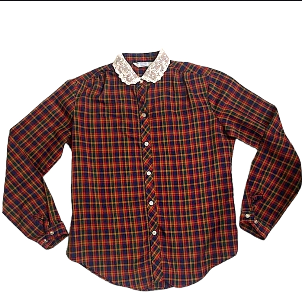 Sears Vintage Plaid Button Down With Lace Collar